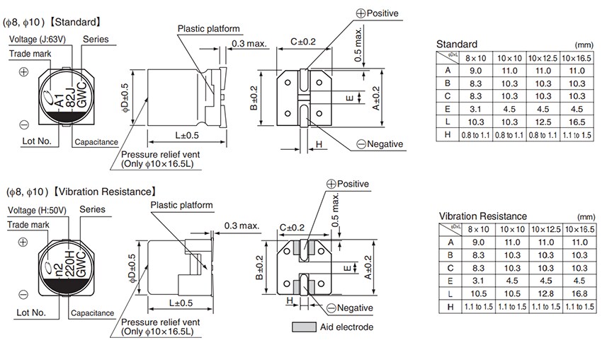 Mechanical Drawing - Nichicon GWC Hybrid Aluminum Electrolytic Capacitors